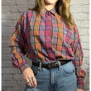 Vintage 90's French Navy Plaid Oxford Cloth Button Down Shirt